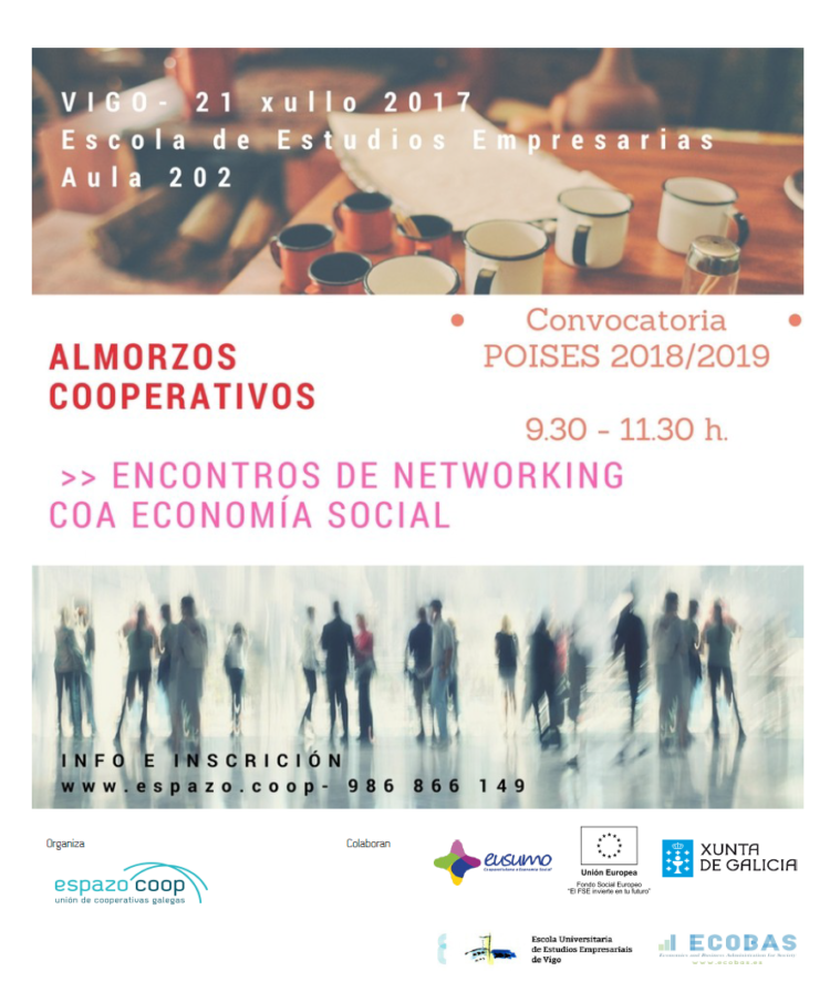 Eres del sector consultoría-formación?. Los Desayunos Cooperativos de Vigo abordan la «Convocatoria Poises 2018-2019», viernes 21 de julio